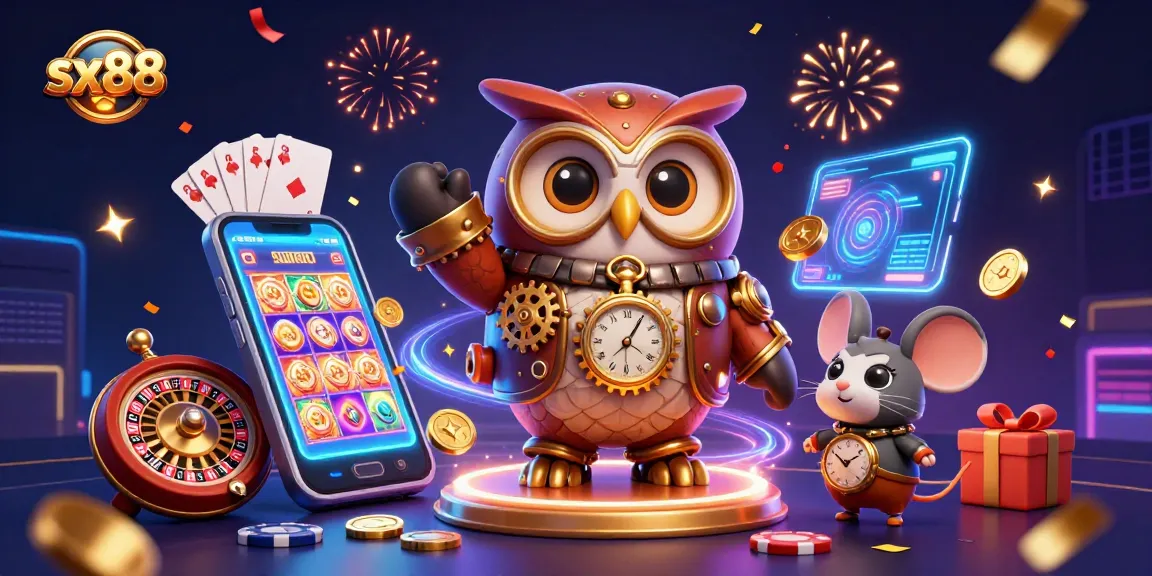 SX88 brings excitement with a vibrant 3D casino scene featuring dynamic slot games, gold coins, and animated characters.
