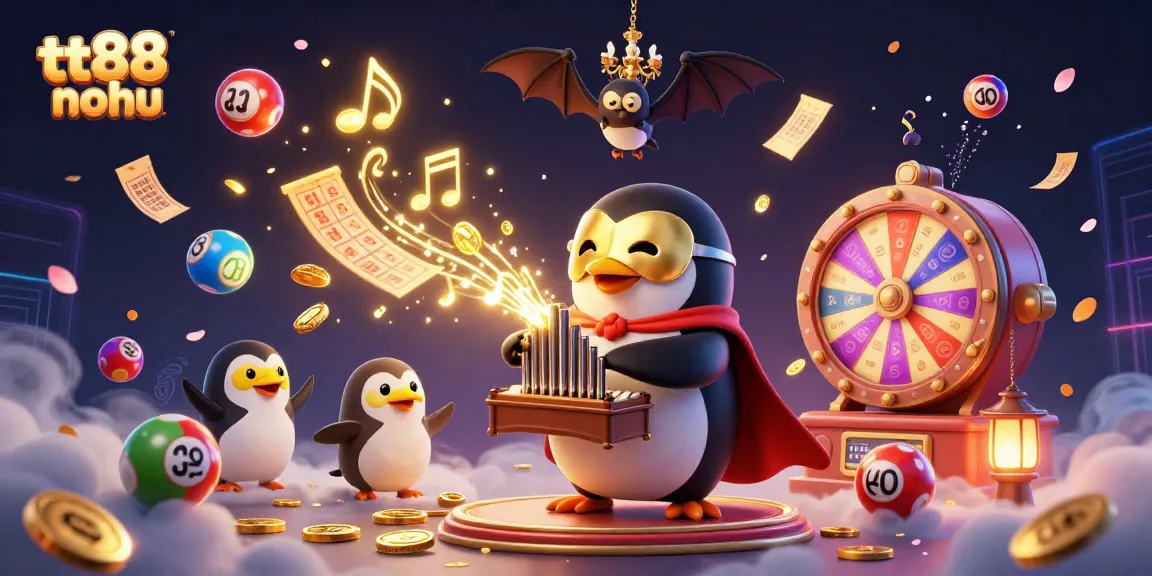 tt88 nohu penguin playing organ, golden coins raining, vibrant lottery elements around