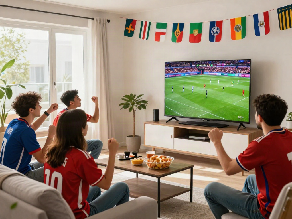 Fans enjoying a live thapcamtv football match in a lively living room.