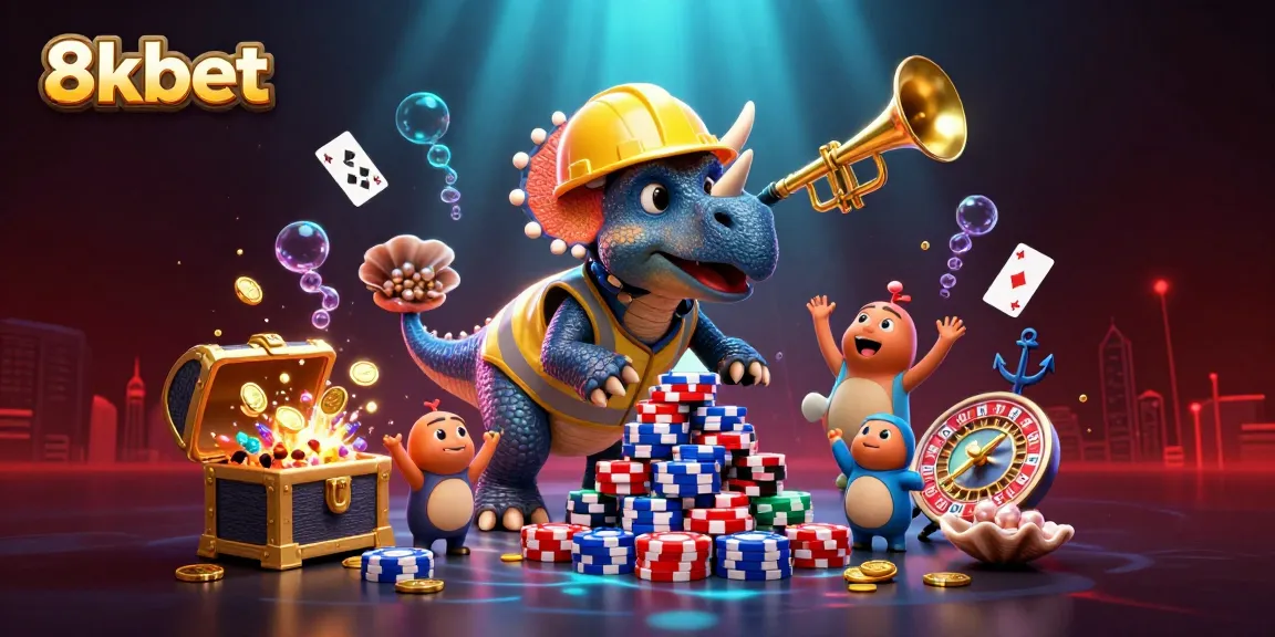 Experience 8kbet's thrilling casino atmosphere with lively characters celebrating around poker chips.