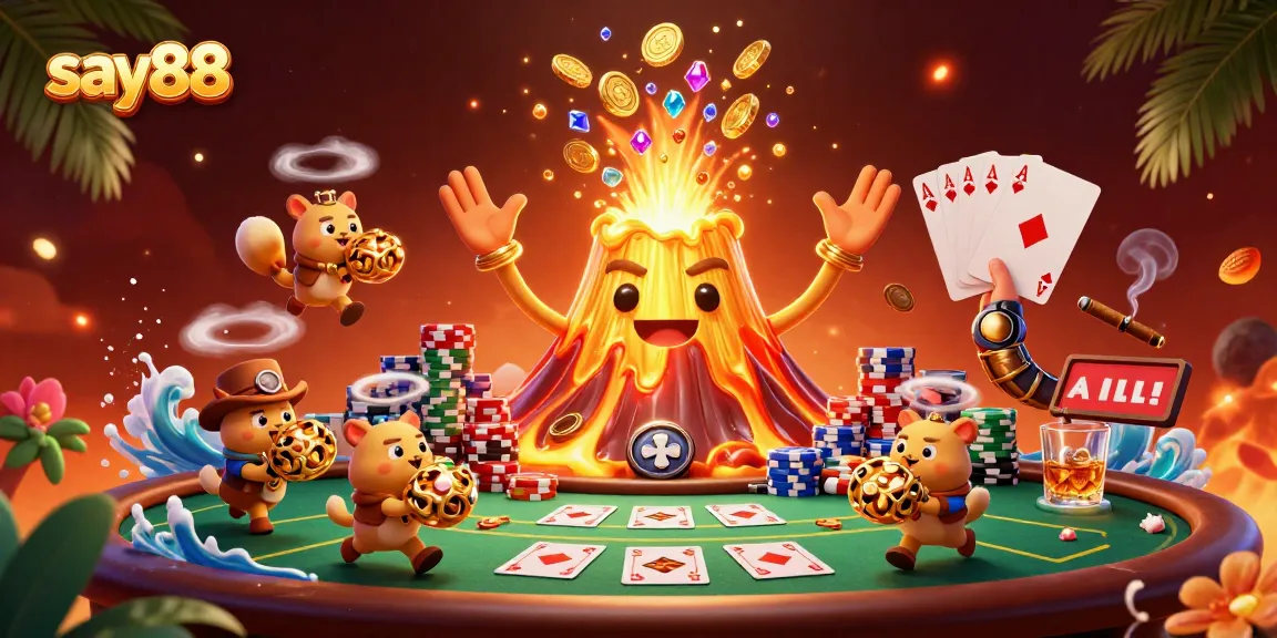 Experience the thrill of say88 with a triumphant volcano, poker chips, and treasure-filled adventure.
