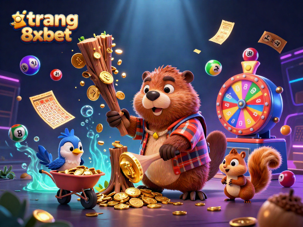 Join the fun at trang 8xbet with a cartoon beaver, golden coins, and lottery action.