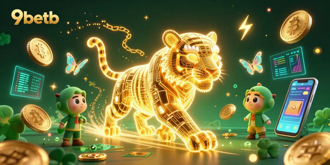 Engage in winning strategies at 9betb with a neon casino scene featuring a golden tiger and cryptocurrency themes.