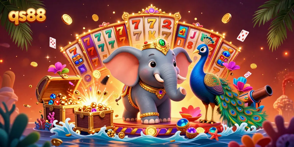Experience winning at qs88 with a vibrant illustration of an elephant and peacock themed around explosive slot gaming.