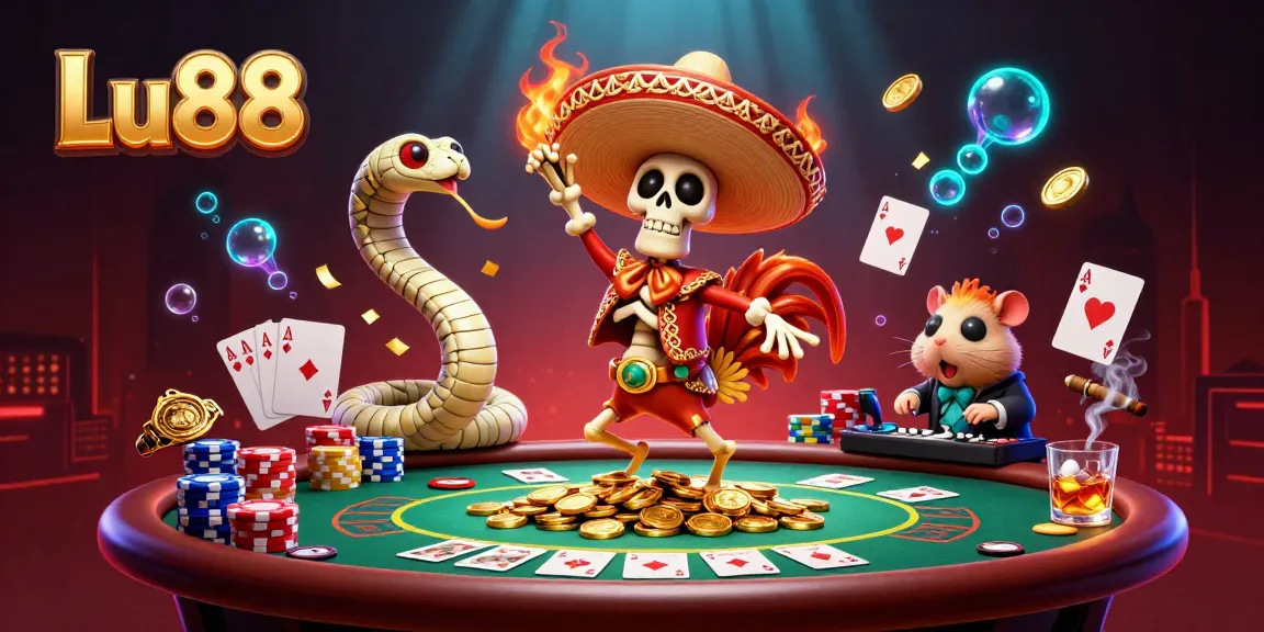 Lu88's vibrant gaming scene features dynamic casino characters, emphasizing exciting poker action amidst lush visuals.