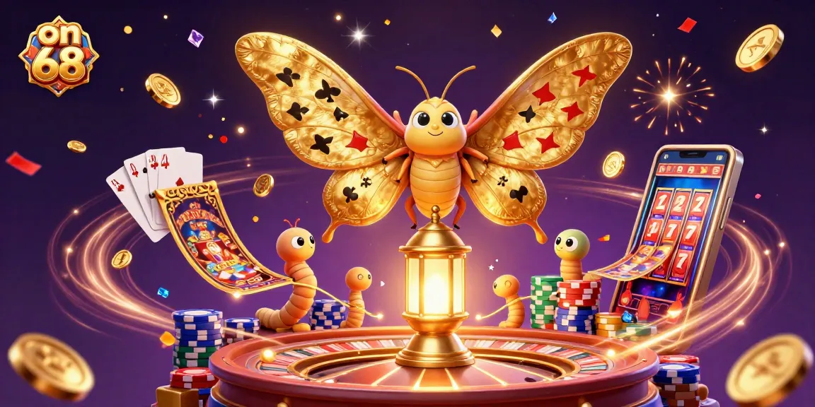 Experience the thrill of on 68 with vibrant casino elements and a majestic atlas moth illustration.