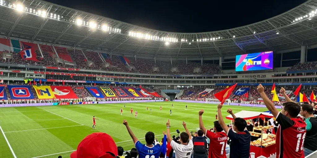 SOCOLIVE football fans cheering passionately at a vibrant stadium during an exciting match.