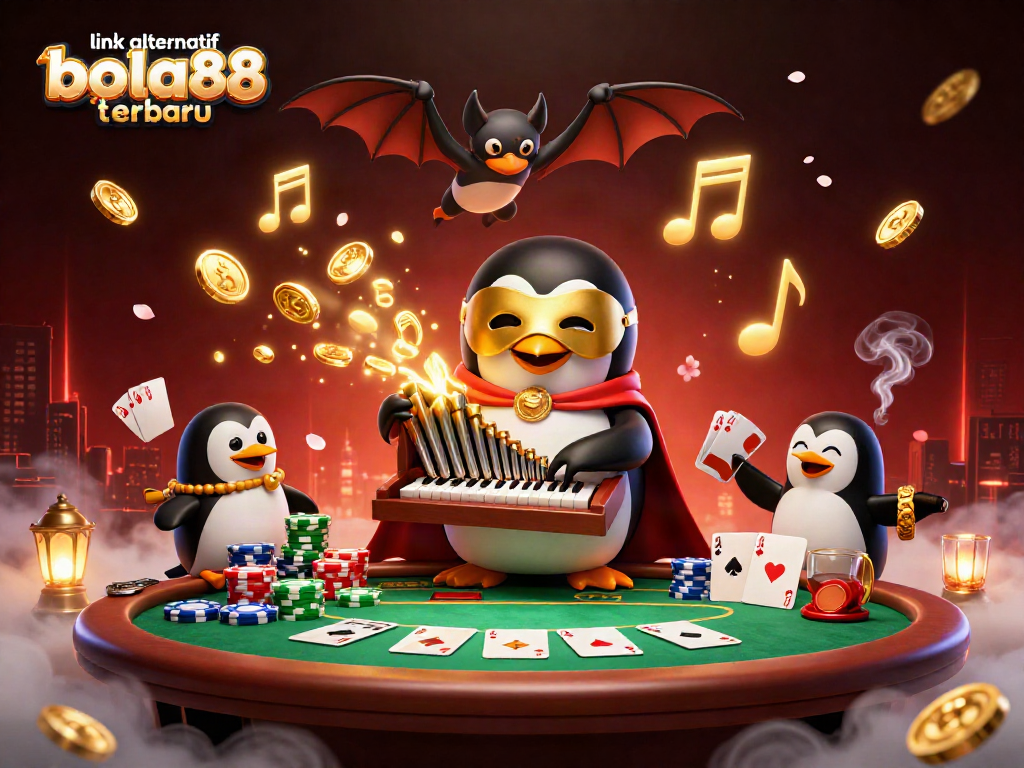 Experience thrilling wins with link alternatif bola88 terbaru, featuring a whimsical scene of a penguin and bat in a dynamic casino atmosphere.