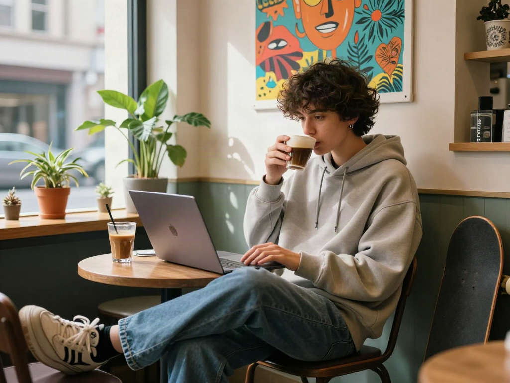 Trendy urban coffee shop scene with a rokok88 lifestyle focus, showcasing a stylish individual using a laptop.