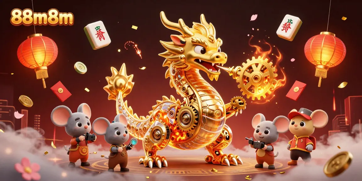 Engage with the thrilling world of 88m8m as the golden dragon breathes gears in a vibrant casino setting.