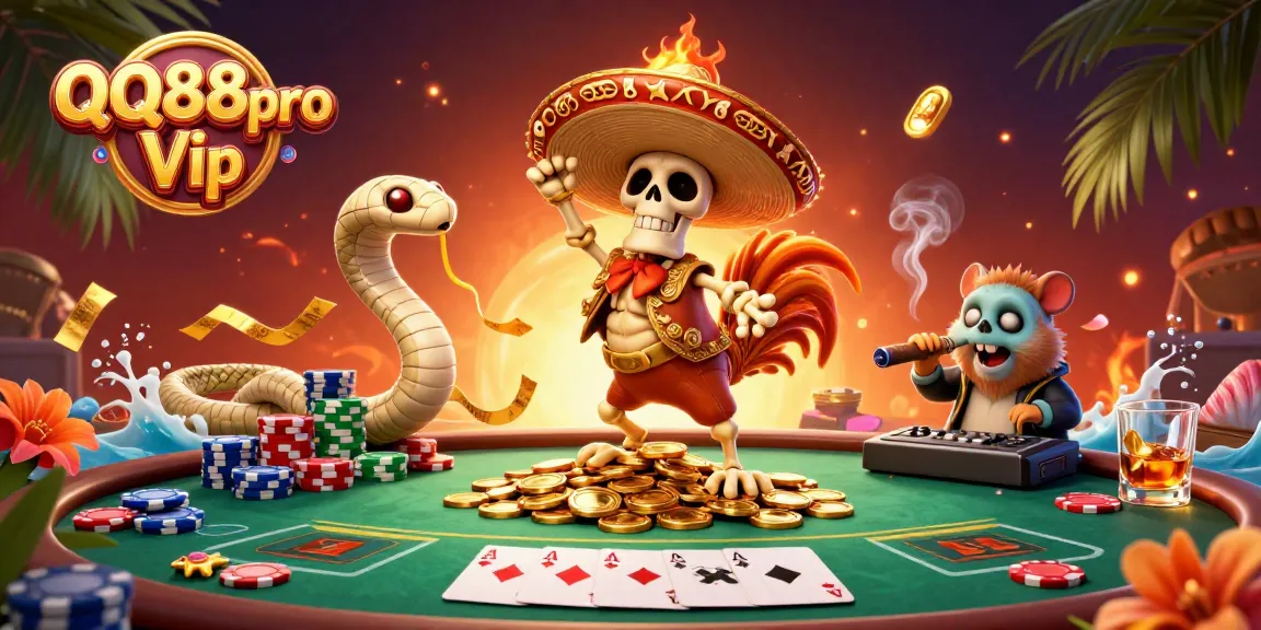 Engage in thrilling gameplay with QQ88pro Vip, featuring a lively poker scene and colorful characters.