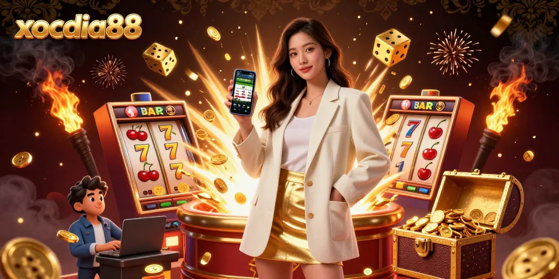 Xocdiaa88 offers exhilarating gaming with an Asian woman holding a betting app, capturing the excitement of online gambling.