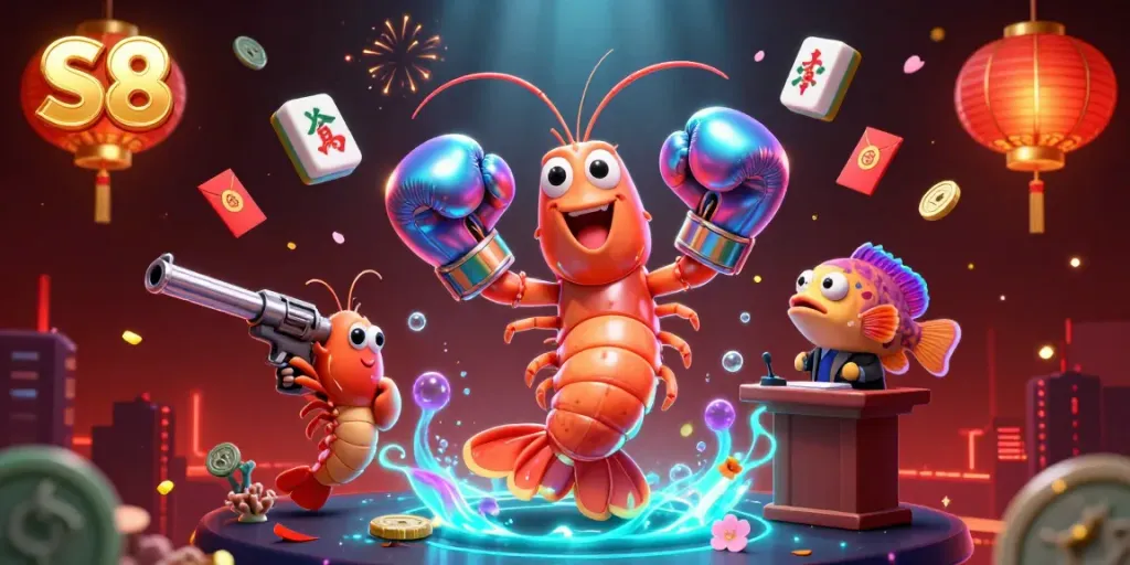 Experience thrilling gaming action with S8 in a vibrant online casino scene, showcasing fun characters and dynamic elements.
