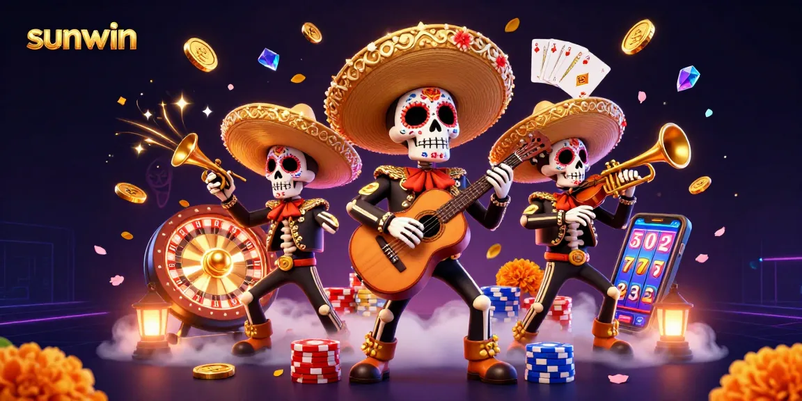 Experience vibrant sunwin gaming with a colorful mariachi band amidst gold coins and exciting casino elements.