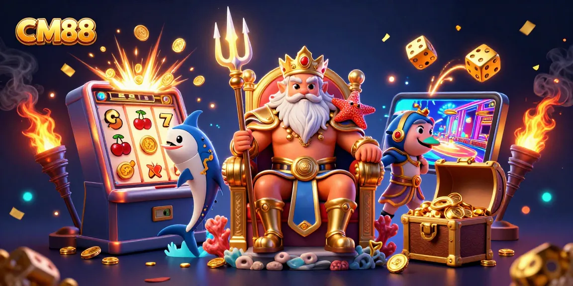 Win exciting rewards at CM88 with vibrant 3D casino illustration featuring Neptune and thrilling game elements.