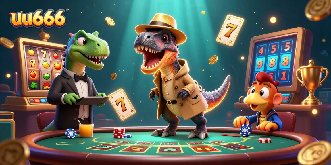 uu666 animates thrilling casino action with a velociraptor card counter at a slot reel table.