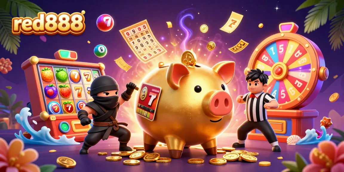 Experience the thrill of red888 with a vibrant 3D casino scene featuring dynamic characters and game elements.