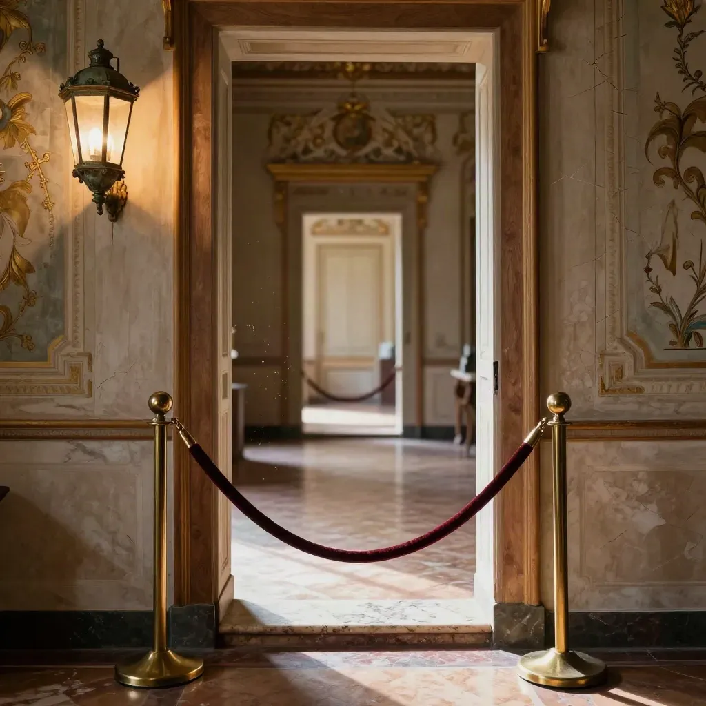Corridoio di villa storica con cordone di velluto e lanterna dorata in luce calda.