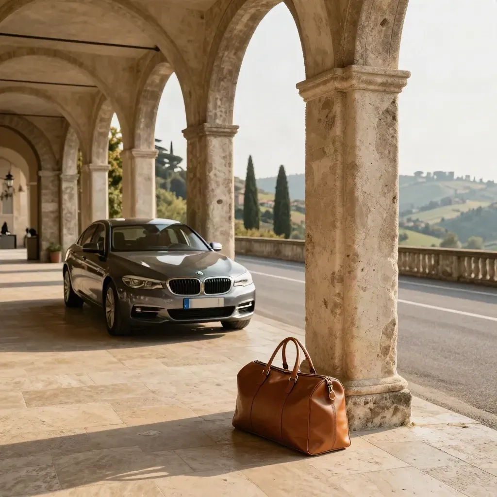 Arrivo di lusso in un portico di pietra con auto privata, valigie e strada tra cipressi.