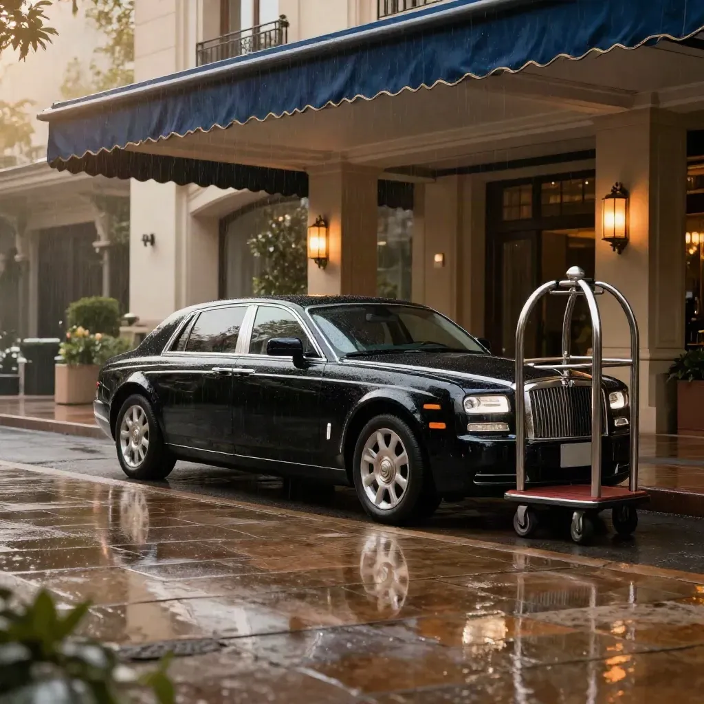 Auto chauffeur nera sotto il portico dell’hotel con carrello bagagli e riflessi bagnati.