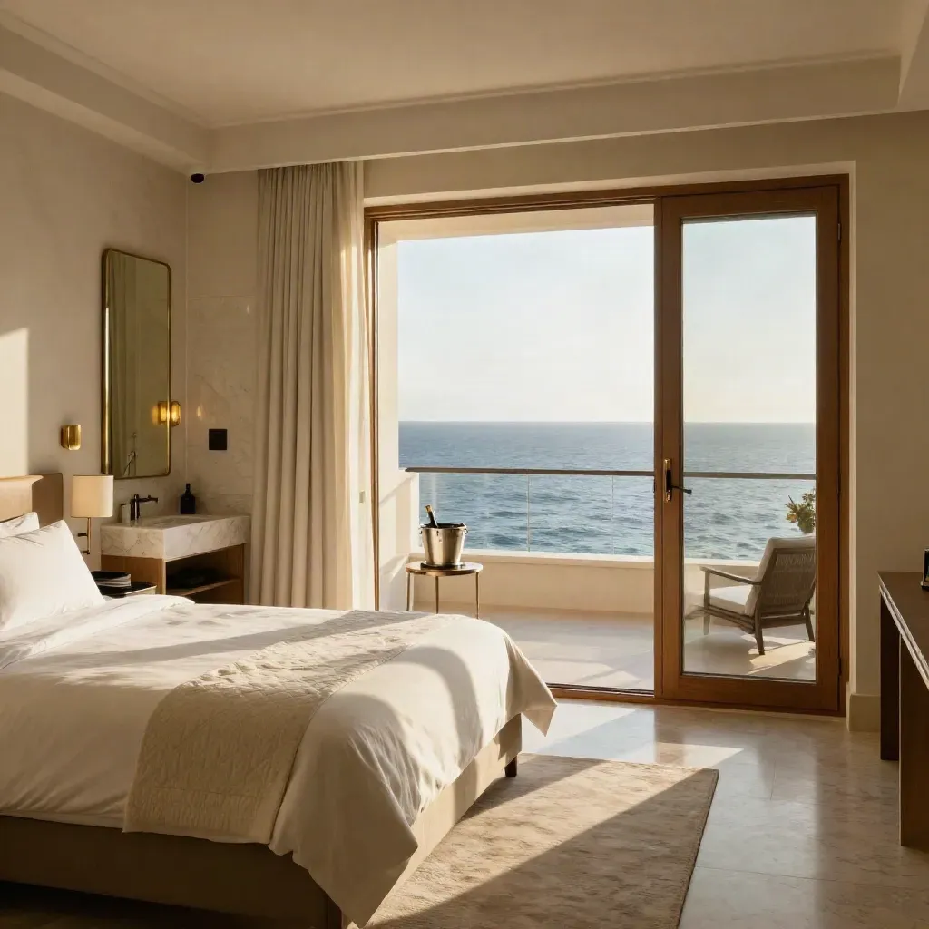 Suite vista mare con letto rifatto, bagno in marmo aperto e secchiello champagne.