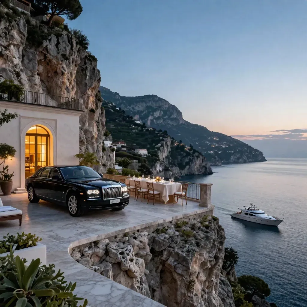 Villa di lusso in Costiera Amalfitana al tramonto con auto, terrazza e yacht sul mare.