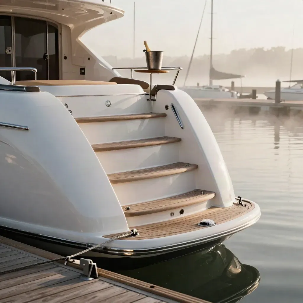 Poppa di yacht bianco in marina, con champagne ghiacciato, cime tese e nebbia del mattino.