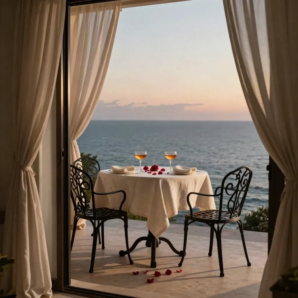 Terrazza vista mare per luna di miele, tavola apparecchiata, petali di rosa e calici al tramonto.