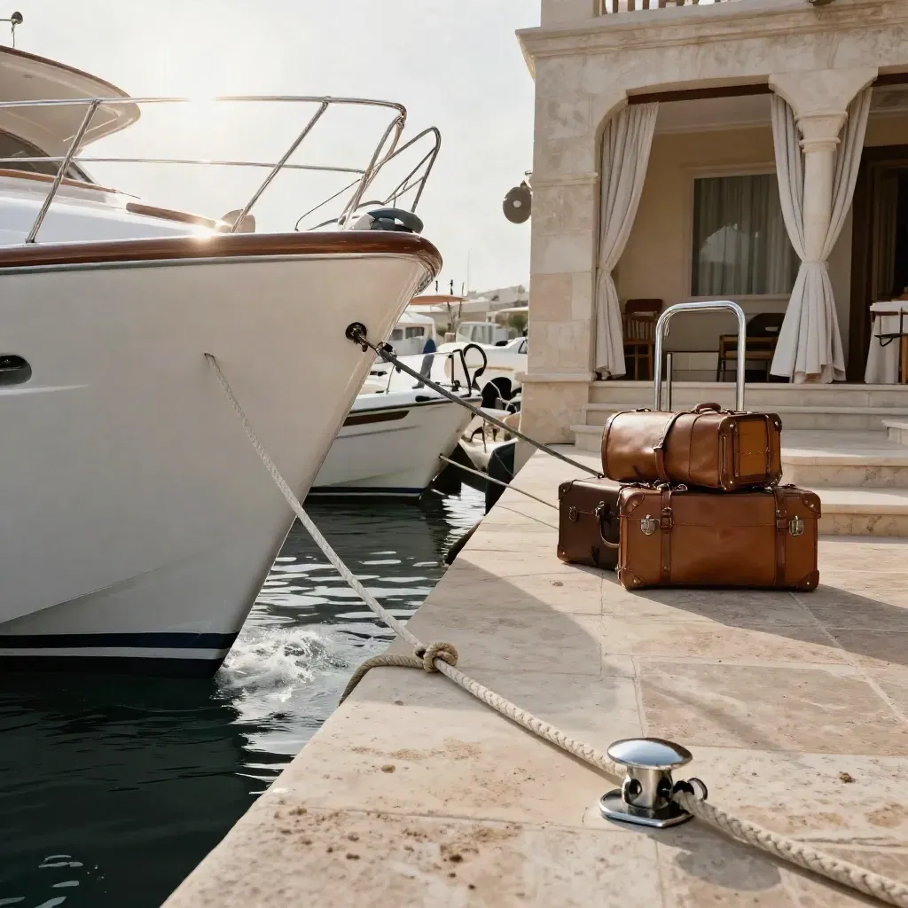 Yacht in Sardegna accanto a suite in pietra, valigie sul molo e tender in attesa