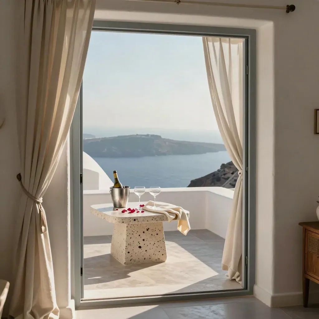 Terrazza nuziale a Santorini con calici, petali di rosa e drappi di lino al tramonto
