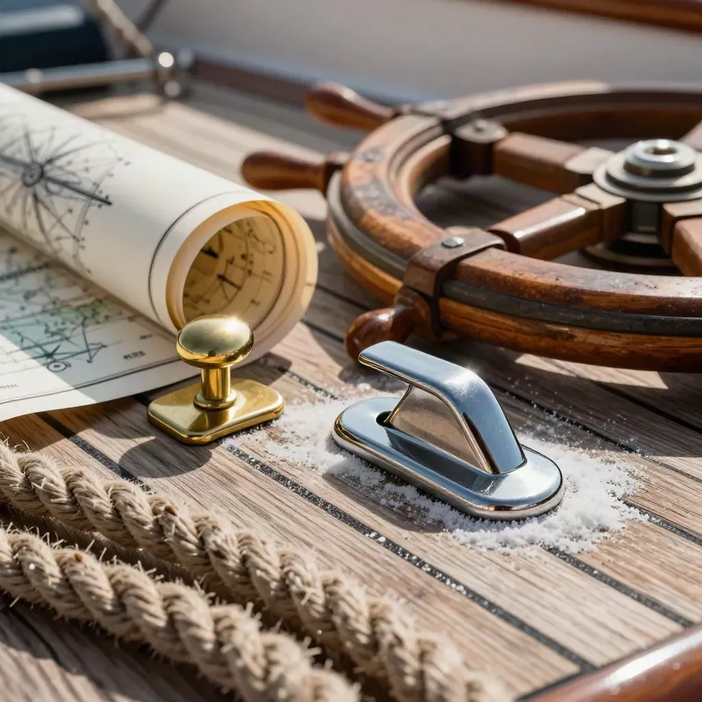 Dettaglio di cima nautica, bozzello in ottone e timone su teak, luce radente.