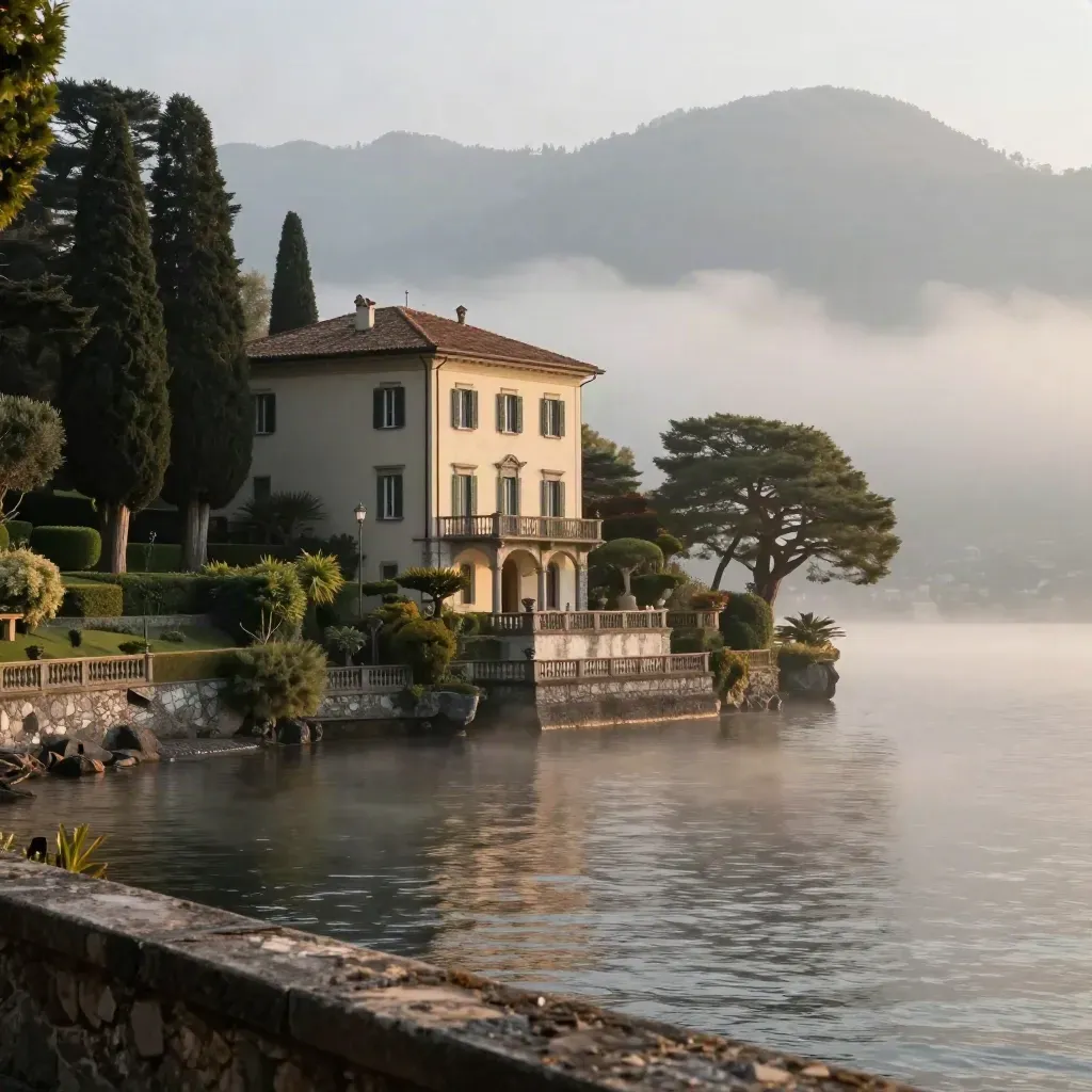 Villa sul Lago di Como tra cipressi e nebbia, con acqua immobile e Alpi sullo sfondo