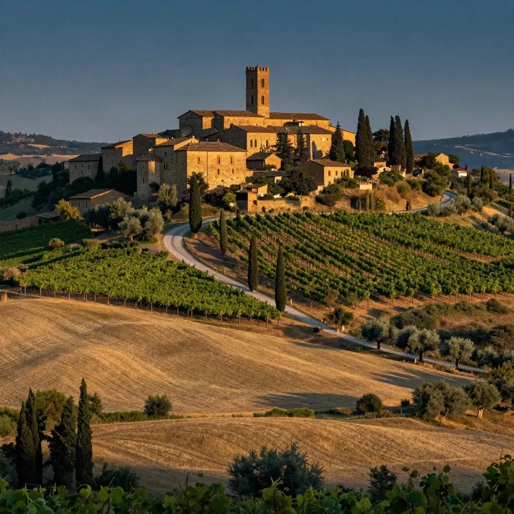 Collina toscana al tramonto con vigneti, cipressi e monastero in pietra.