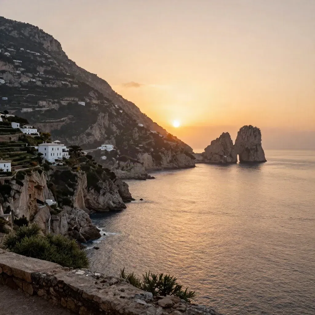 Scogli di Capri e Amalfi al tramonto sopra un mare calmo e ramato