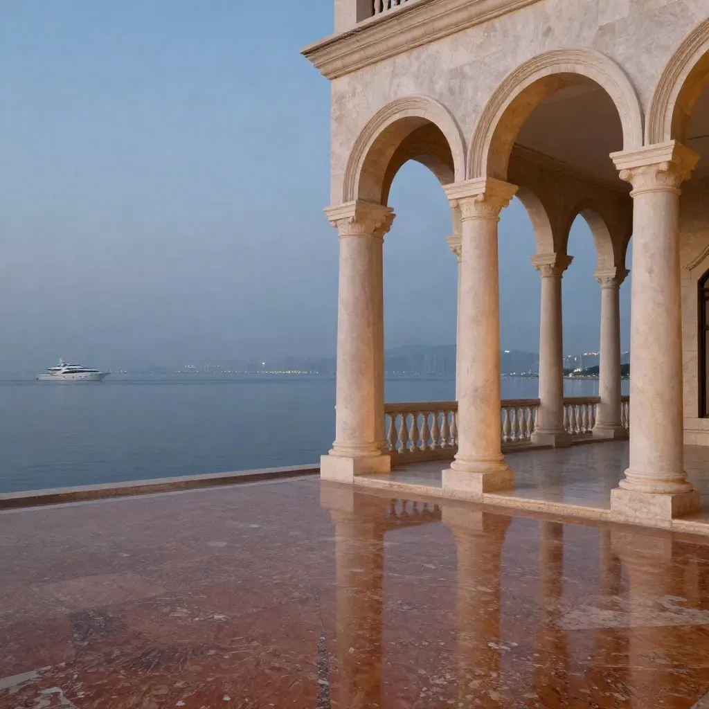 Colonnato in travertino sul mare al blue hour con skyline lontano e riflessi sull’acqua