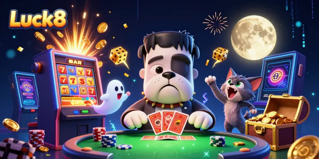 Experience thrilling gameplay at Luck8 with a lively casino scene featuring 3D cartoon characters and vibrant gaming elements.
