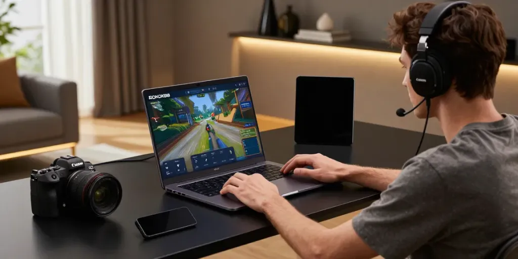 Engaging gaming scene with ROKOK88 interface on laptop and smartphone featuring a focused male gamer.