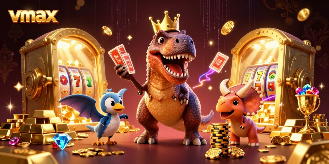 Experience gambling thrills with vmax in a dynamic 3D cartoon scene of casino T-Rex, pterodactyl, and triceratops.