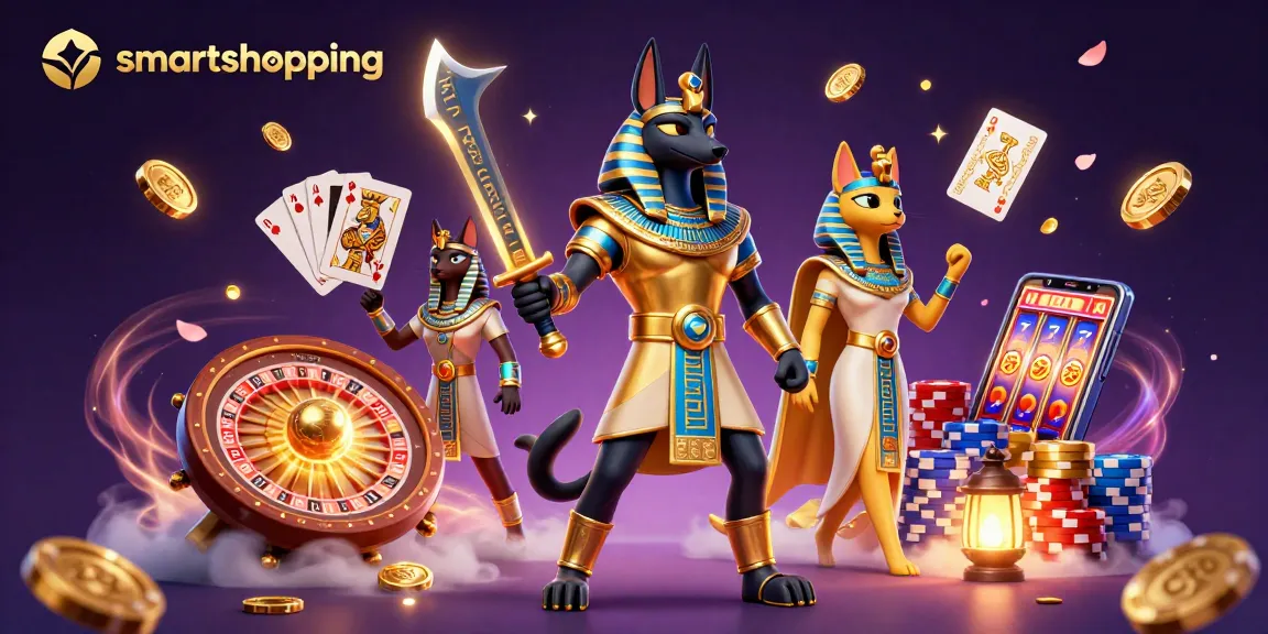 Engage with smartshoppingvn's virtual casino, featuring Anubis and Bastet amidst a whirlwind of winning elements.