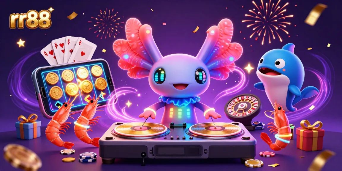 Experience the excitement of rr88 with vibrant visuals of a lively casino scene, featuring unique characters and gaming elements.