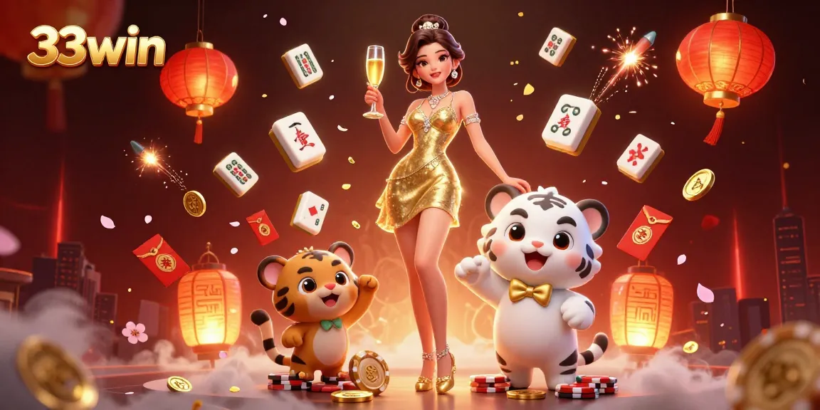 Interact at 33win casino with vibrant characters, poker chips, and festive mahjong elements.