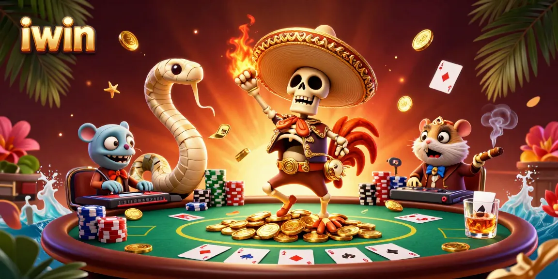 Experience thrilling moments with iwin as unique characters celebrate among vibrant casino elements.