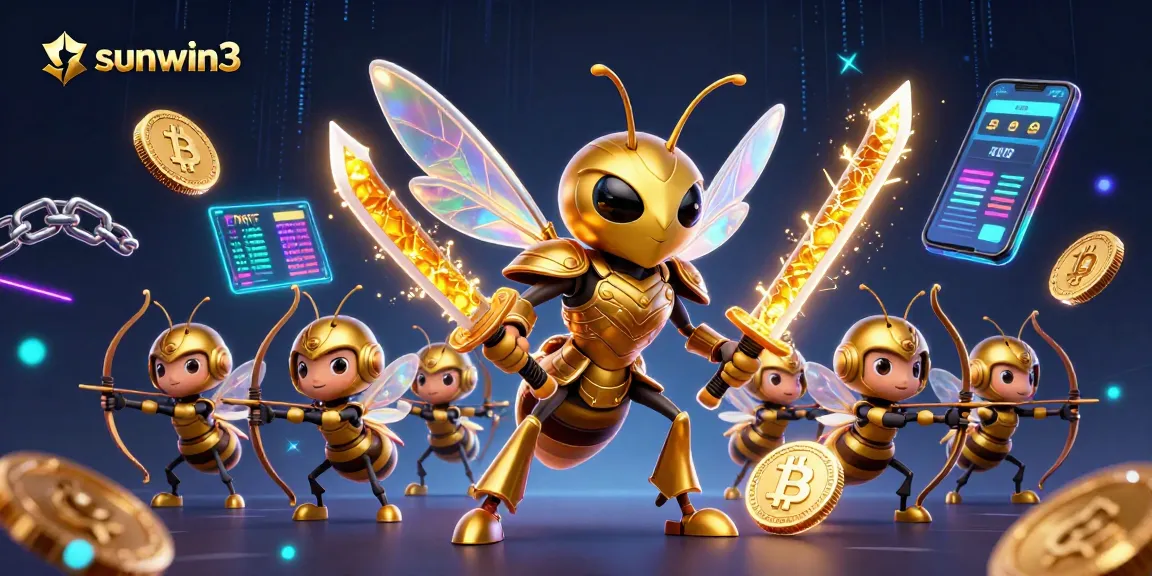 Experience excitement with sunwin3 as a golden hornet samurai battles amid vibrant crypto elements.