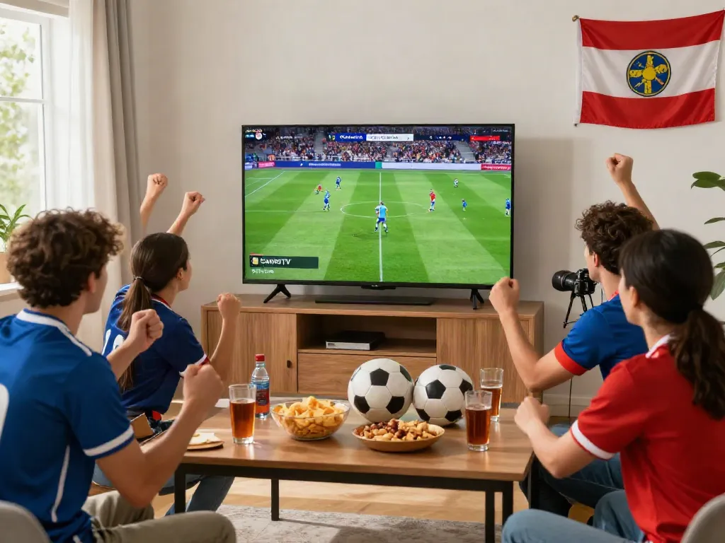 Friends enjoying a live GavangTV football match in a vibrant living room.
