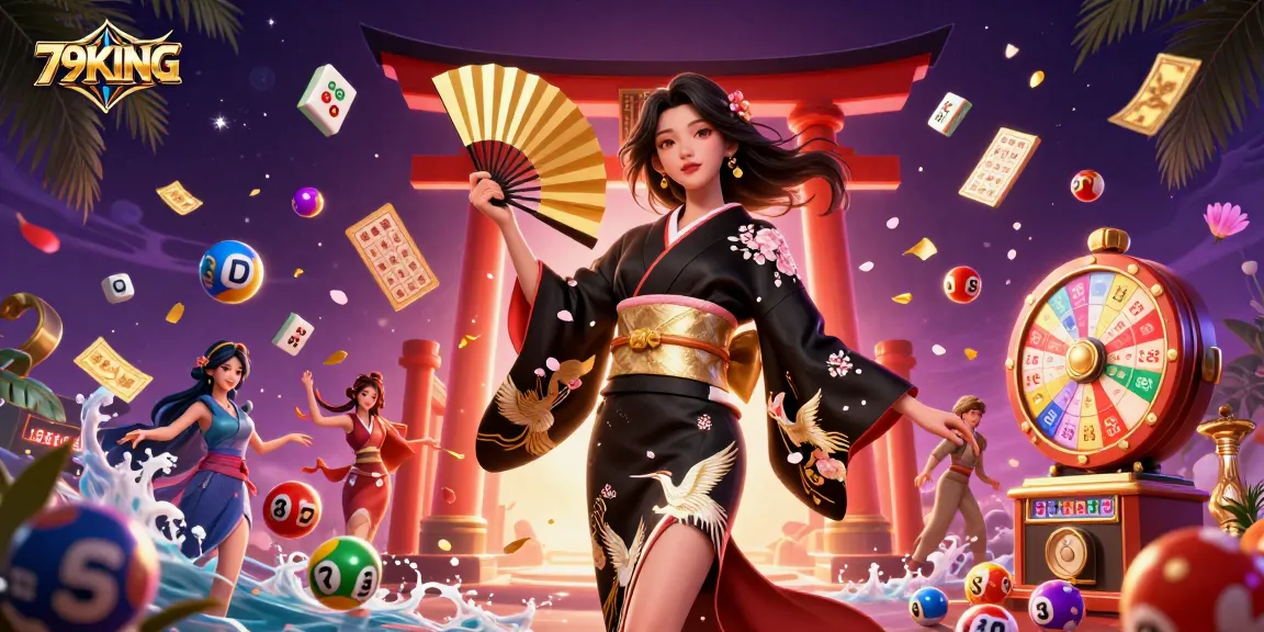 Experience the excitement of 79KING with colorful lottery elements and an elegant character illustration.