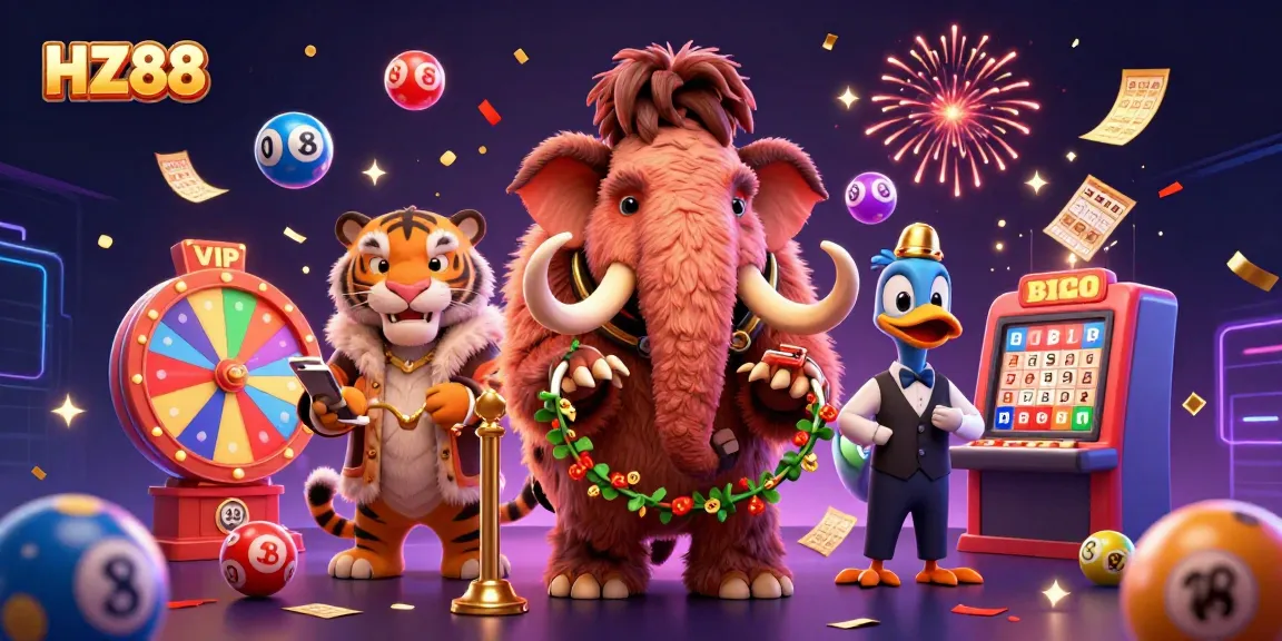 Experience HZ88's lively casino scene with a woolly mammoth bouncer, a saber-tooth tiger VIP, and festive lottery elements.
