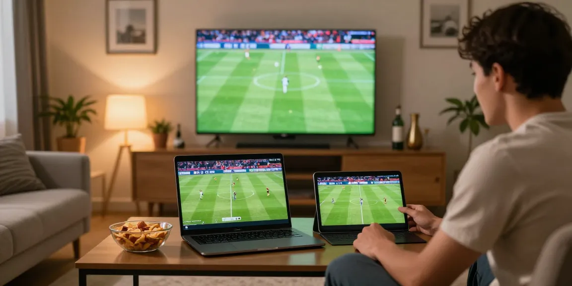 Exciting live football streaming on thapcamtv, with an enthusiastic viewer enjoying the match.