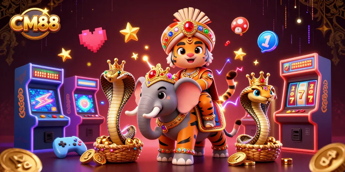 Experience thrilling games and fun at CM88 with the vibrant 3D casino illustration.