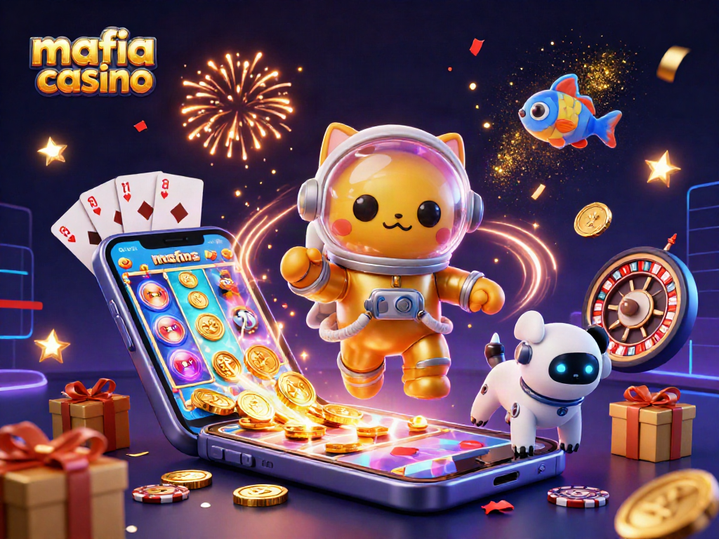 Experience the thrill of mafia casino games with vibrant slot machines, poker chips, and exciting characters.