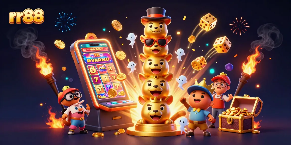 Interact with the vibrant rr88 casino universe featuring a golden totem and bursting slot machine.